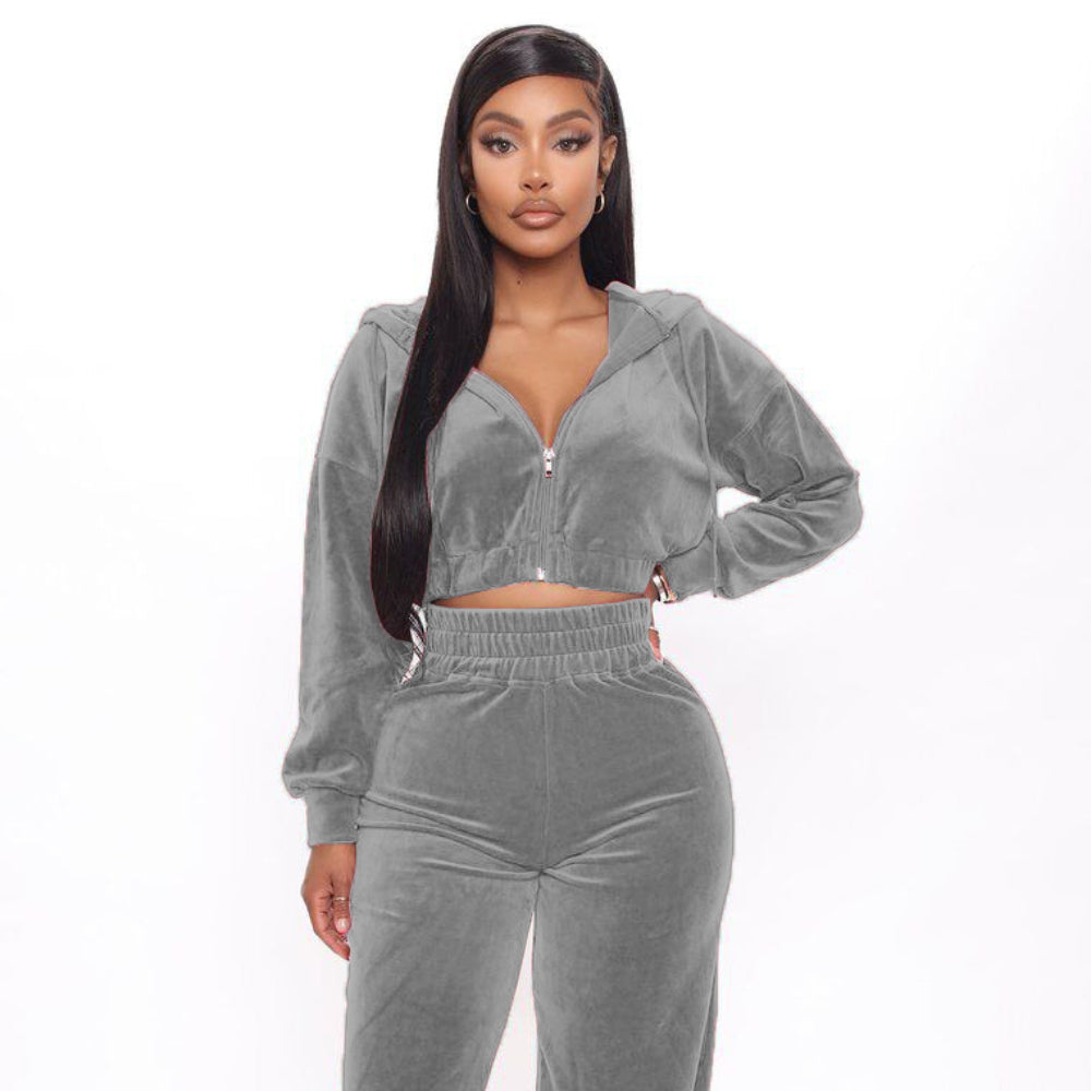 Fashion Women's Winter casual suits Long Sleeve Velvet Zipper Coat and Pants 2-piece sportswear set