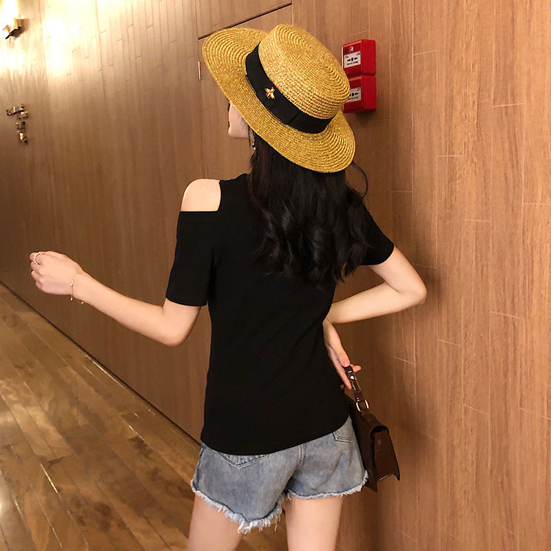 Summer Women's Off-Shoulder Short-Sleeve T-Shirt Slim Fit Irregular Top