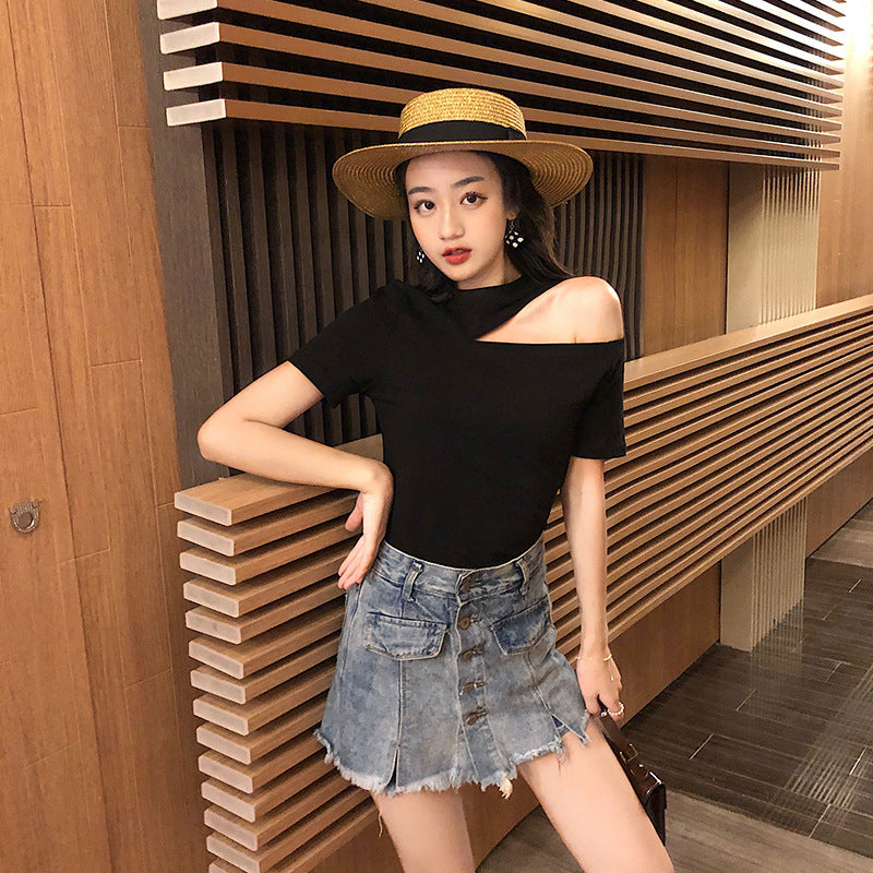 Summer Women's Off-Shoulder Short-Sleeve T-Shirt Slim Fit Irregular Top