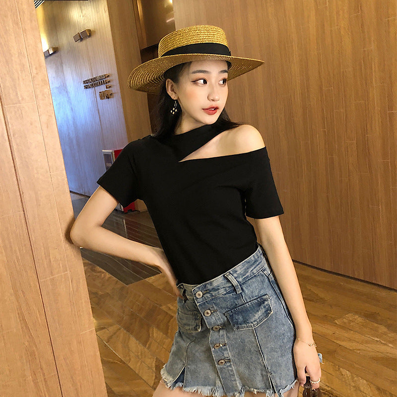 Summer Women's Off-Shoulder Short-Sleeve T-Shirt Slim Fit Irregular Top