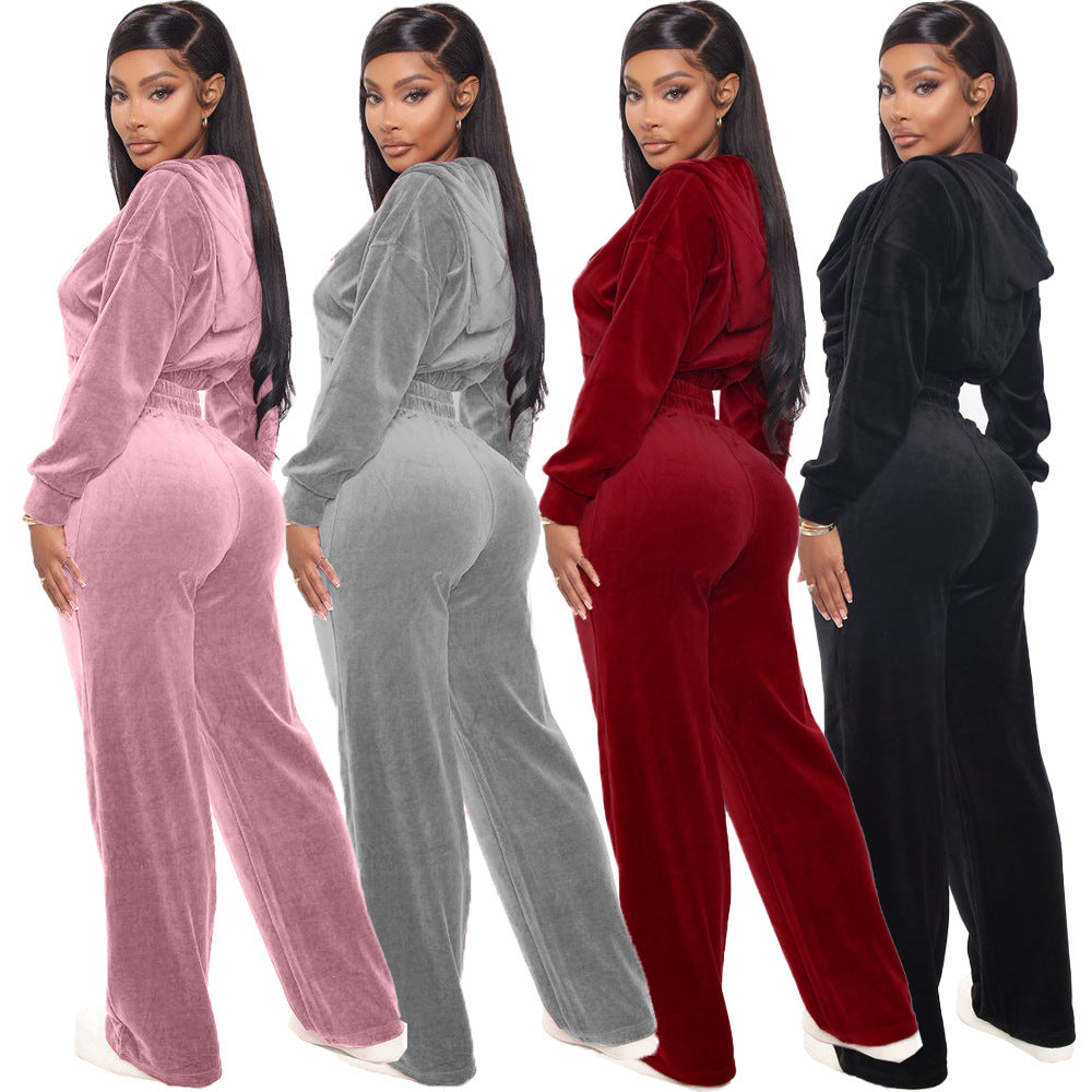 Fashion Women's Winter casual suits Long Sleeve Velvet Zipper Coat and Pants 2-piece sportswear set