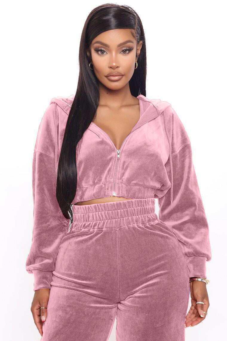 Fashion Women's Winter casual suits Long Sleeve Velvet Zipper Coat and Pants 2-piece sportswear set