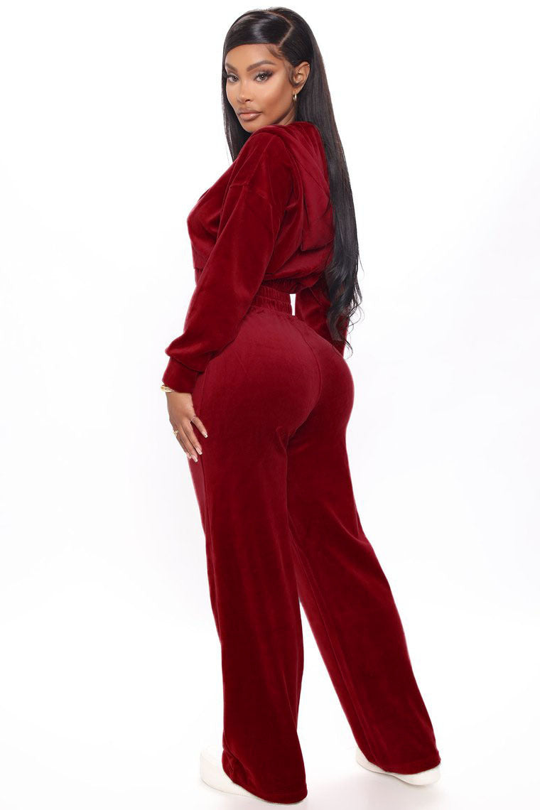 Fashion Women's Winter casual suits Long Sleeve Velvet Zipper Coat and Pants 2-piece sportswear set
