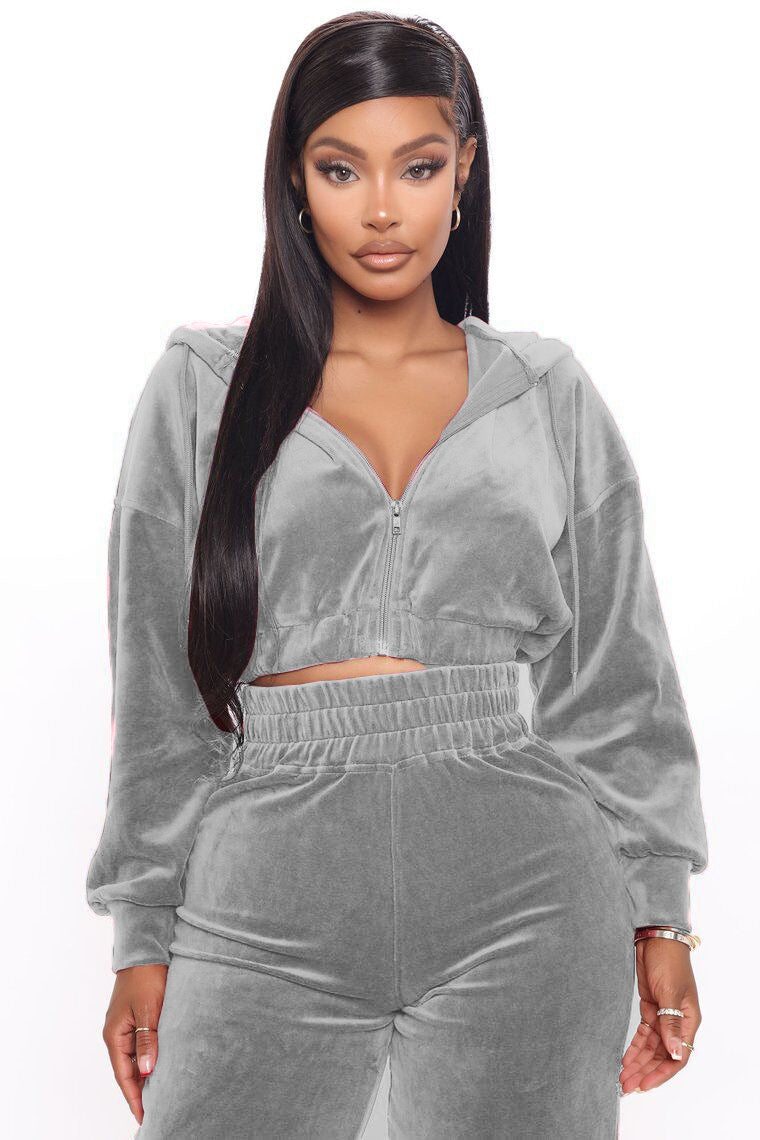 Fashion Women's Winter casual suits Long Sleeve Velvet Zipper Coat and Pants 2-piece sportswear set