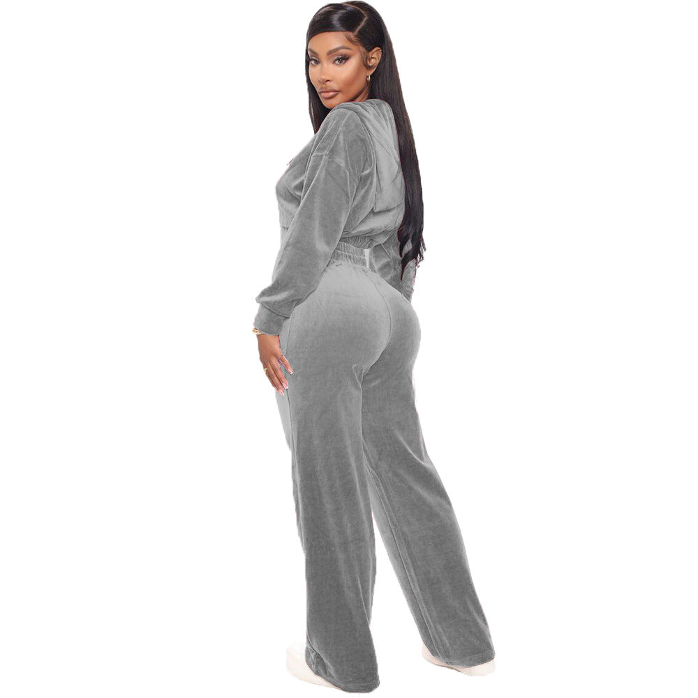 Fashion Women's Winter casual suits Long Sleeve Velvet Zipper Coat and Pants 2-piece sportswear set
