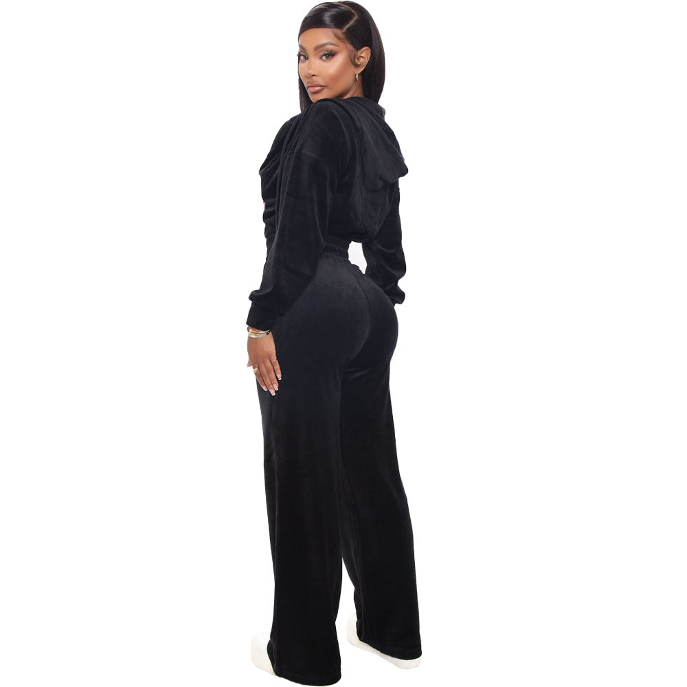 Fashion Women's Winter casual suits Long Sleeve Velvet Zipper Coat and Pants 2-piece sportswear set