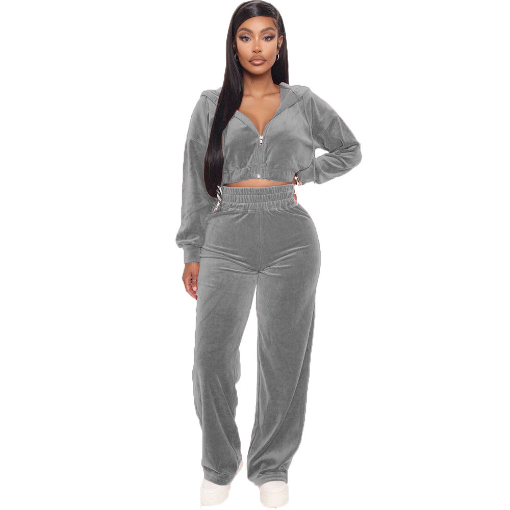 Fashion Women's Winter casual suits Long Sleeve Velvet Zipper Coat and Pants 2-piece sportswear set