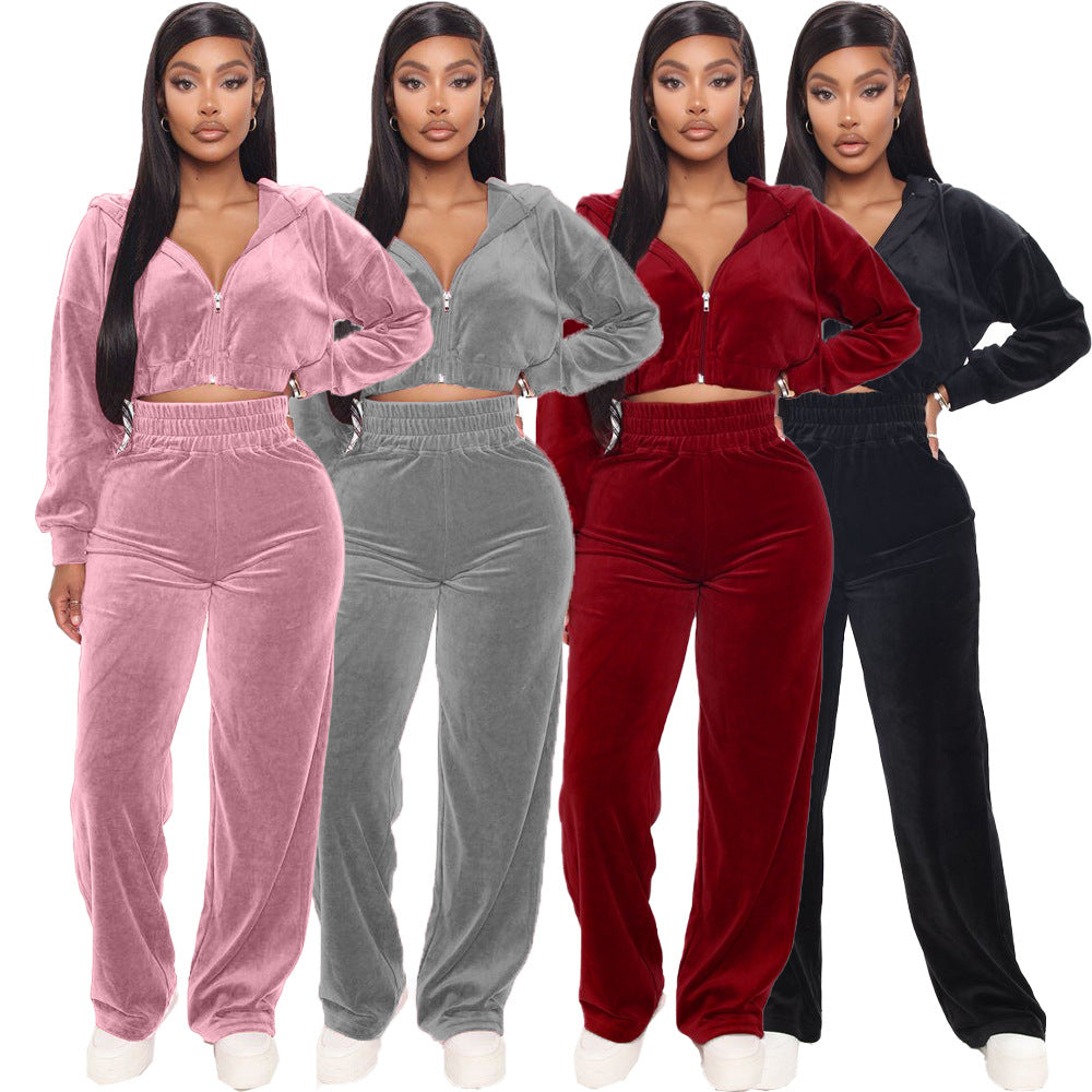 Fashion Women's Winter casual suits Long Sleeve Velvet Zipper Coat and Pants 2-piece sportswear set