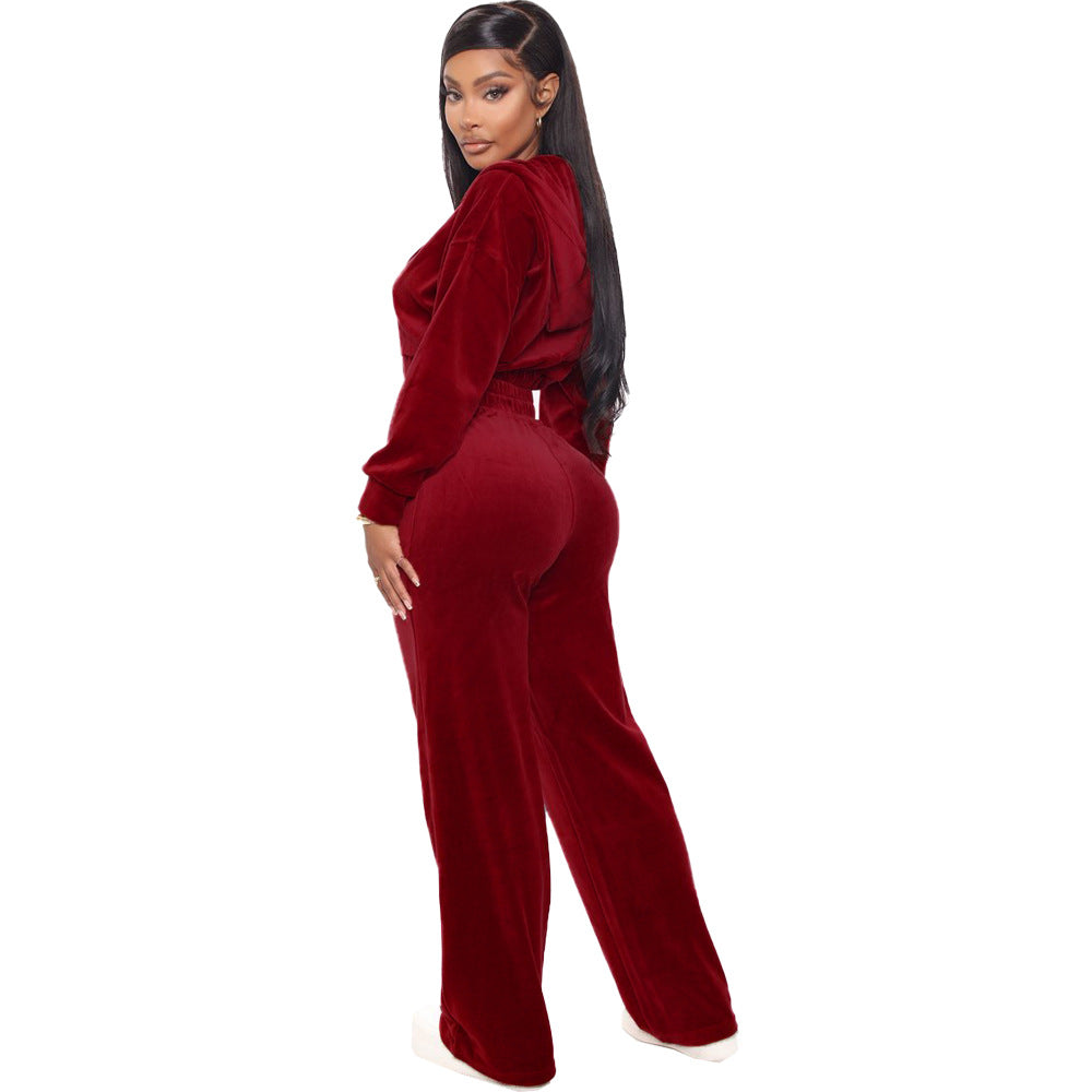 Fashion Women's Winter casual suits Long Sleeve Velvet Zipper Coat and Pants 2-piece sportswear set