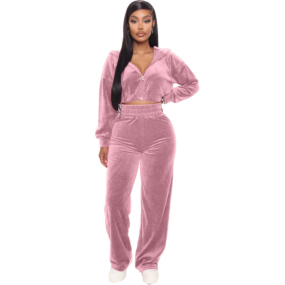 Fashion Women's Winter casual suits Long Sleeve Velvet Zipper Coat and Pants 2-piece sportswear set