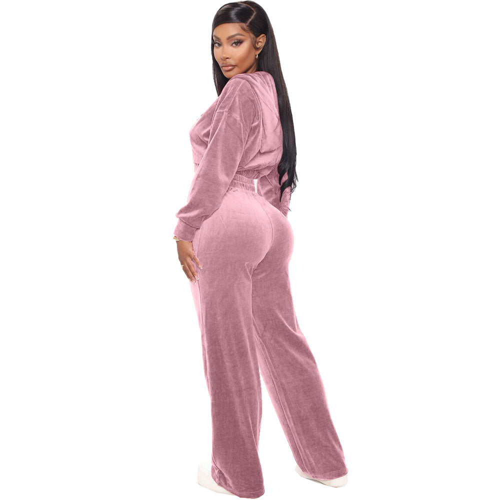 Fashion Women's Winter casual suits Long Sleeve Velvet Zipper Coat and Pants 2-piece sportswear set