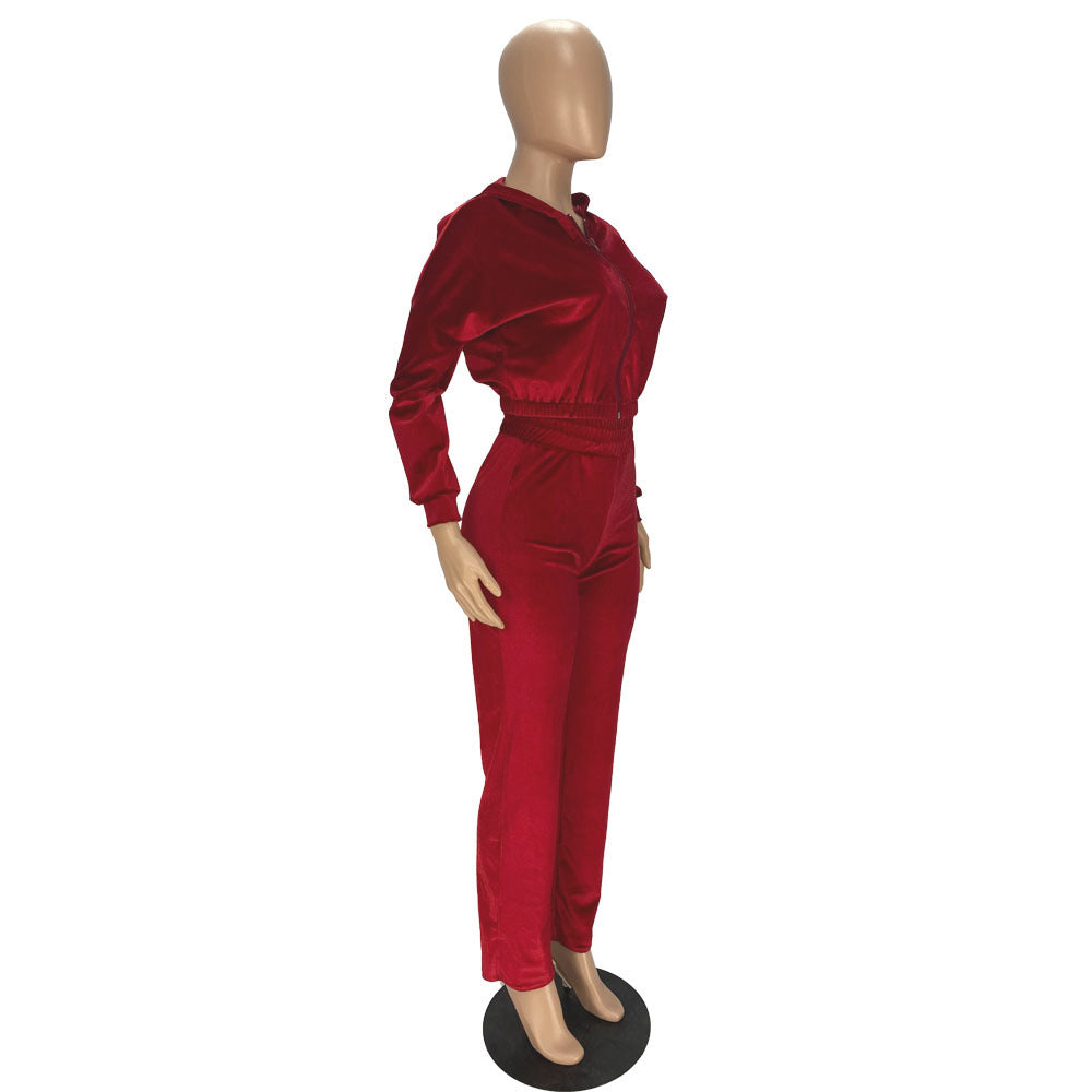 Fashion Women's Winter casual suits Long Sleeve Velvet Zipper Coat and Pants 2-piece sportswear set