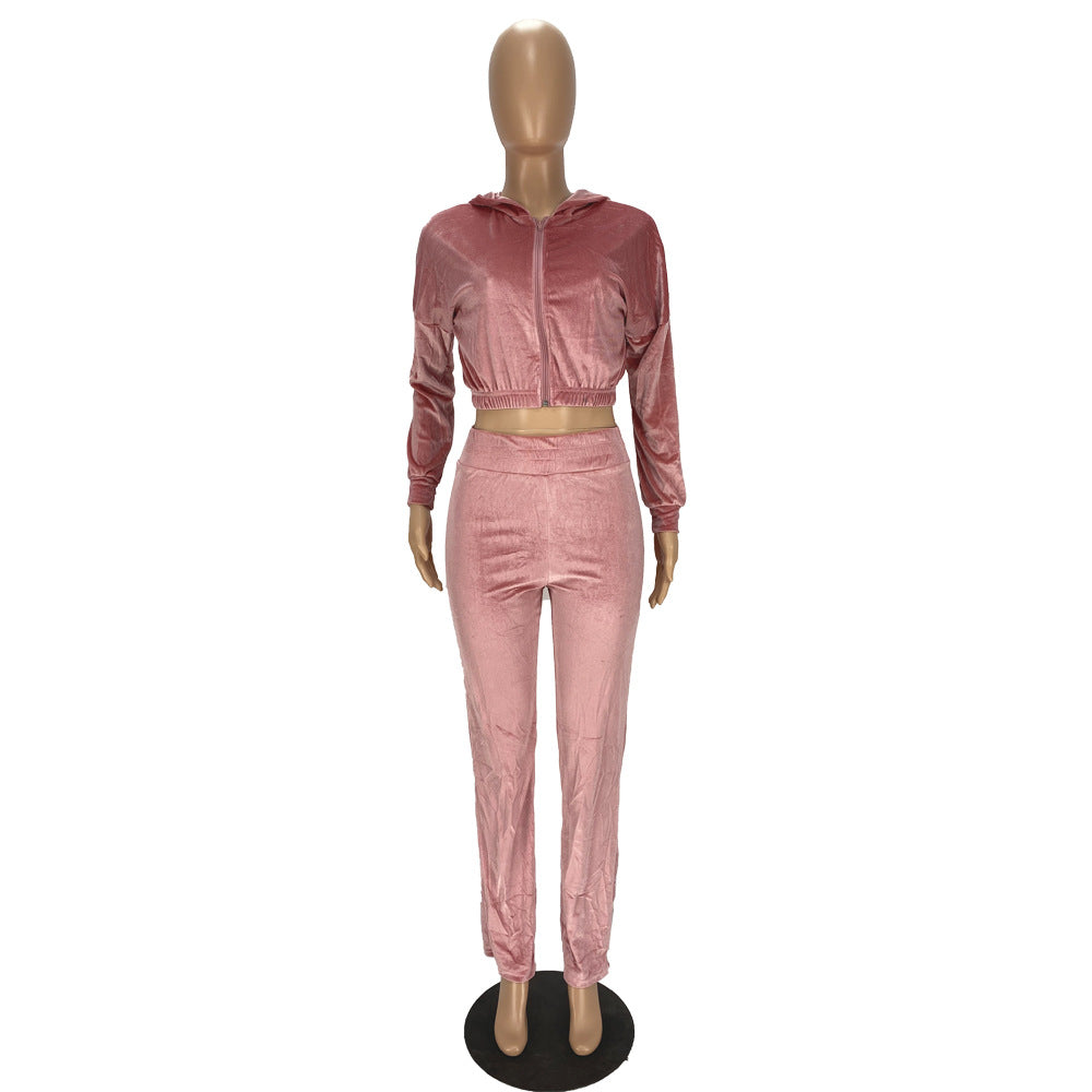 Fashion Women's Winter casual suits Long Sleeve Velvet Zipper Coat and Pants 2-piece sportswear set