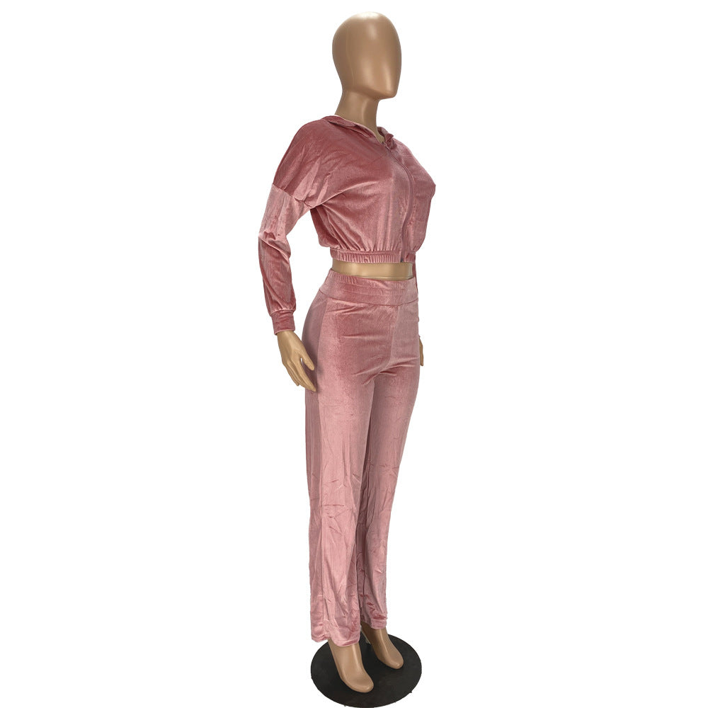 Fashion Women's Winter casual suits Long Sleeve Velvet Zipper Coat and Pants 2-piece sportswear set