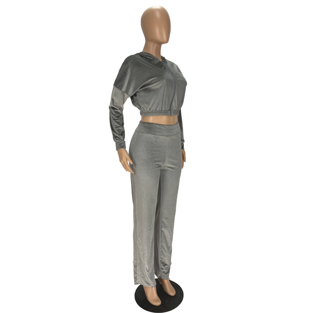 Fashion Women's Winter casual suits Long Sleeve Velvet Zipper Coat and Pants 2-piece sportswear set