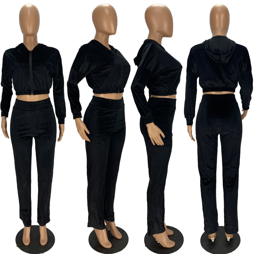 Fashion Women's Winter casual suits Long Sleeve Velvet Zipper Coat and Pants 2-piece sportswear set