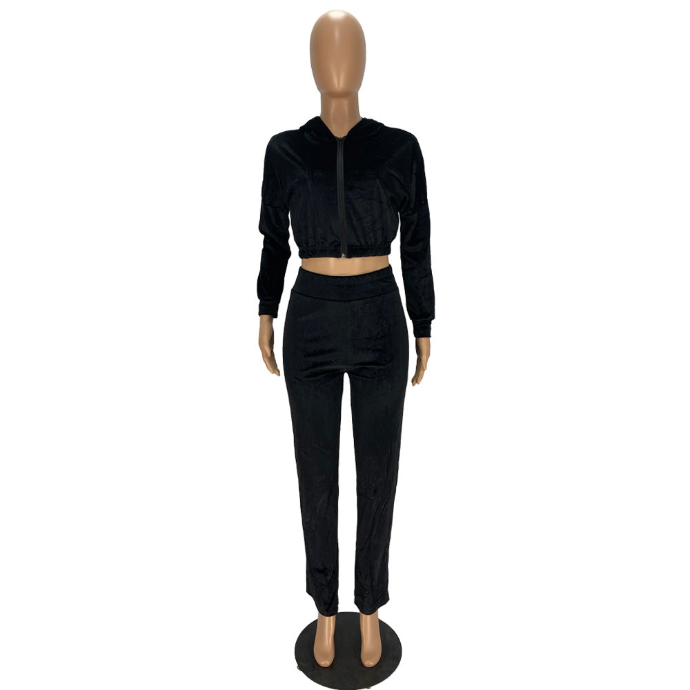 Fashion Women's Winter casual suits Long Sleeve Velvet Zipper Coat and Pants 2-piece sportswear set
