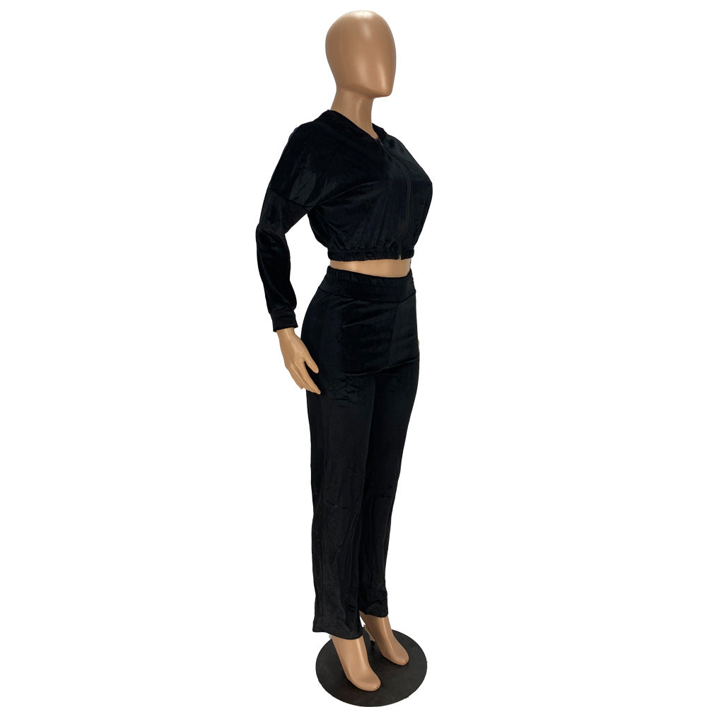 Fashion Women's Winter casual suits Long Sleeve Velvet Zipper Coat and Pants 2-piece sportswear set