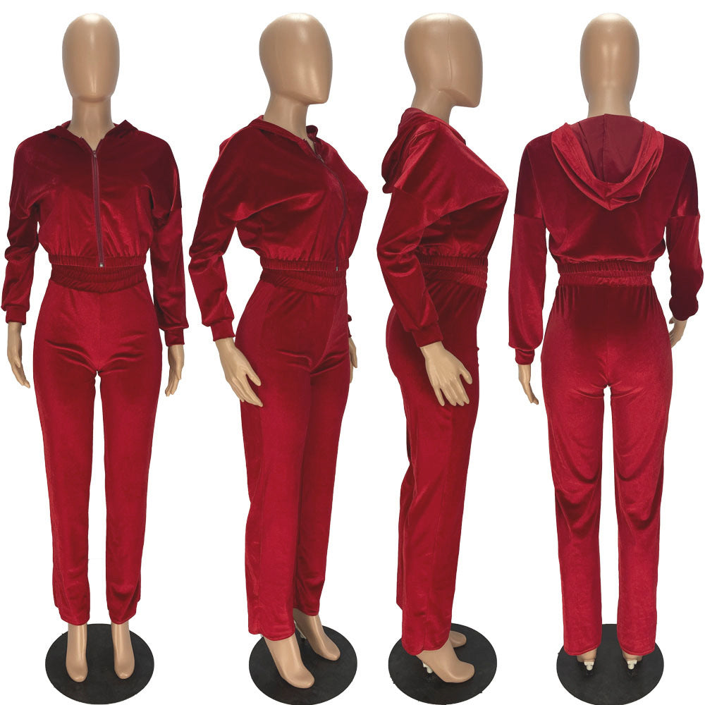 Fashion Women's Winter casual suits Long Sleeve Velvet Zipper Coat and Pants 2-piece sportswear set