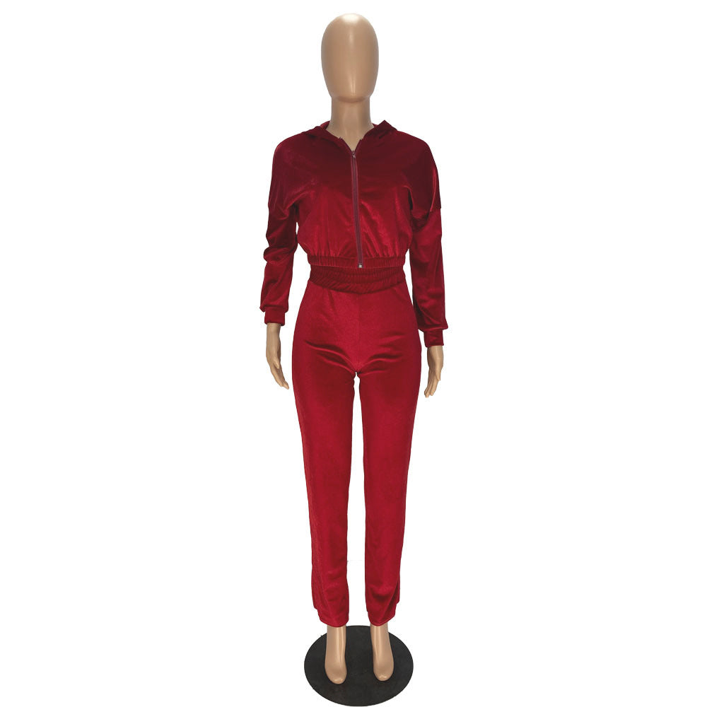 Fashion Women's Winter casual suits Long Sleeve Velvet Zipper Coat and Pants 2-piece sportswear set