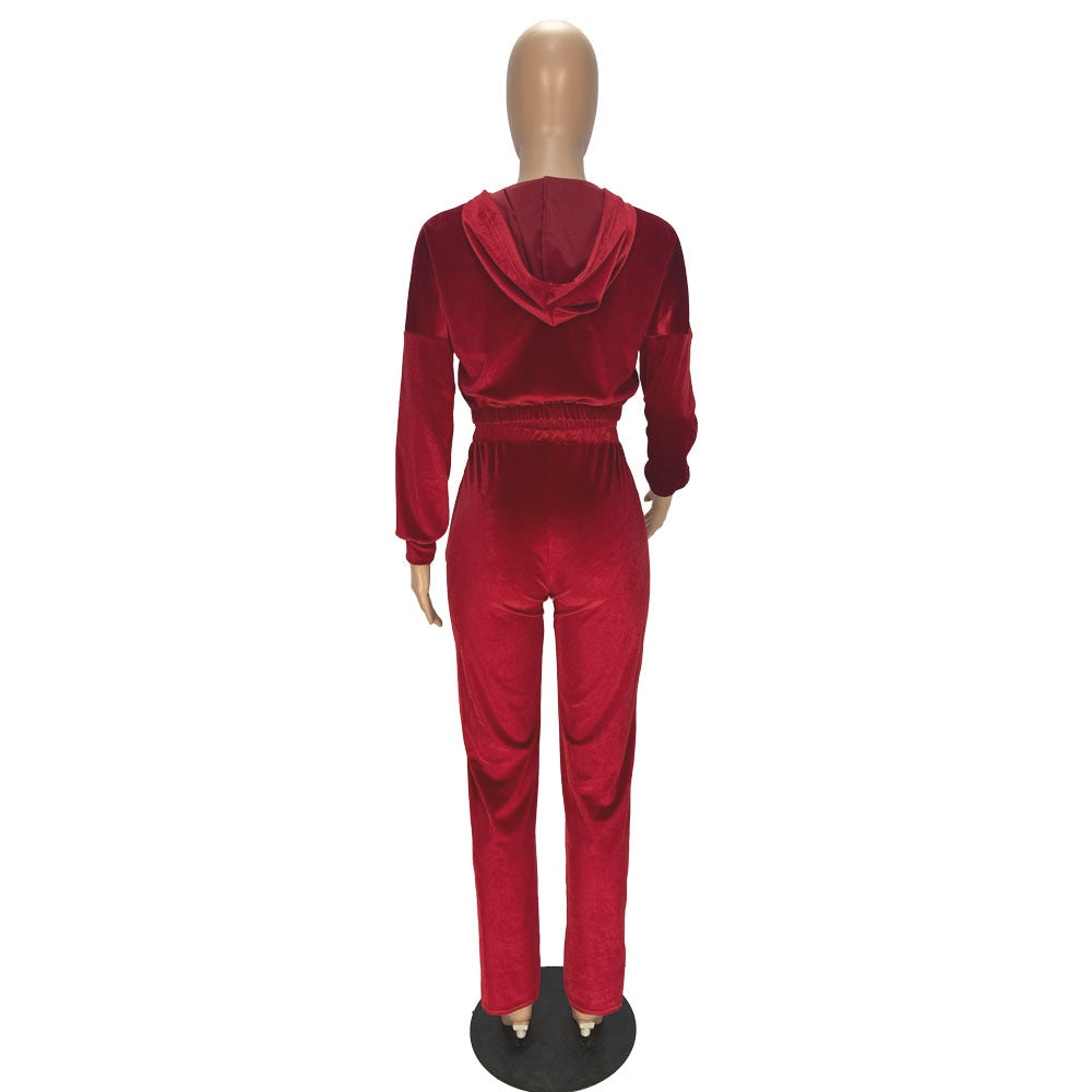 Fashion Women's Winter casual suits Long Sleeve Velvet Zipper Coat and Pants 2-piece sportswear set