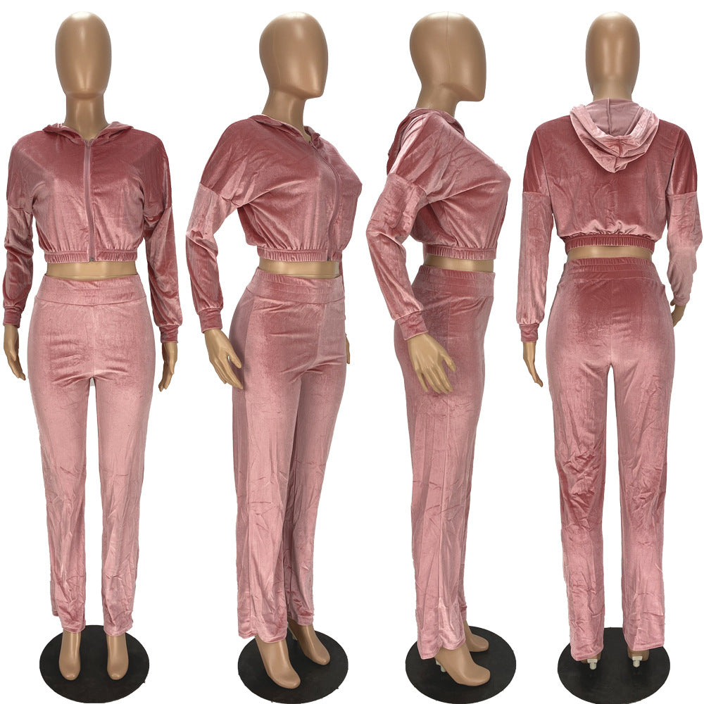Fashion Women's Winter casual suits Long Sleeve Velvet Zipper Coat and Pants 2-piece sportswear set