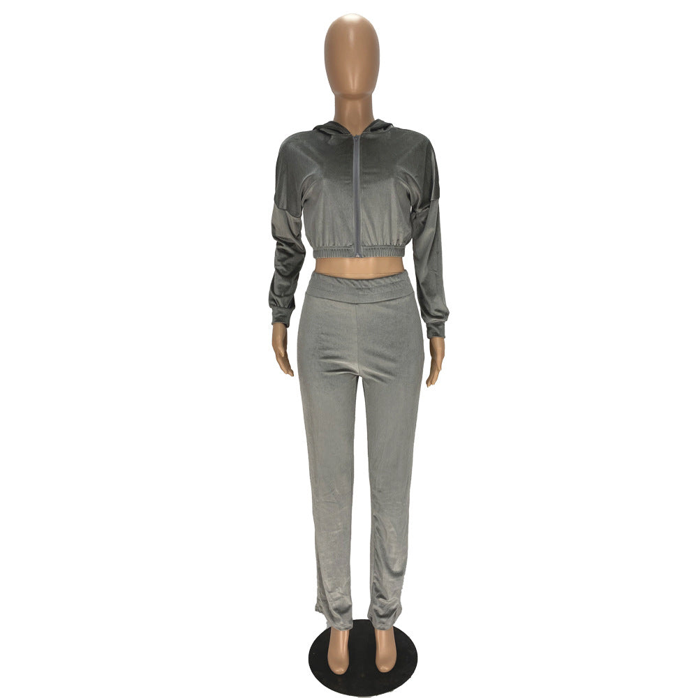 Fashion Women's Winter casual suits Long Sleeve Velvet Zipper Coat and Pants 2-piece sportswear set