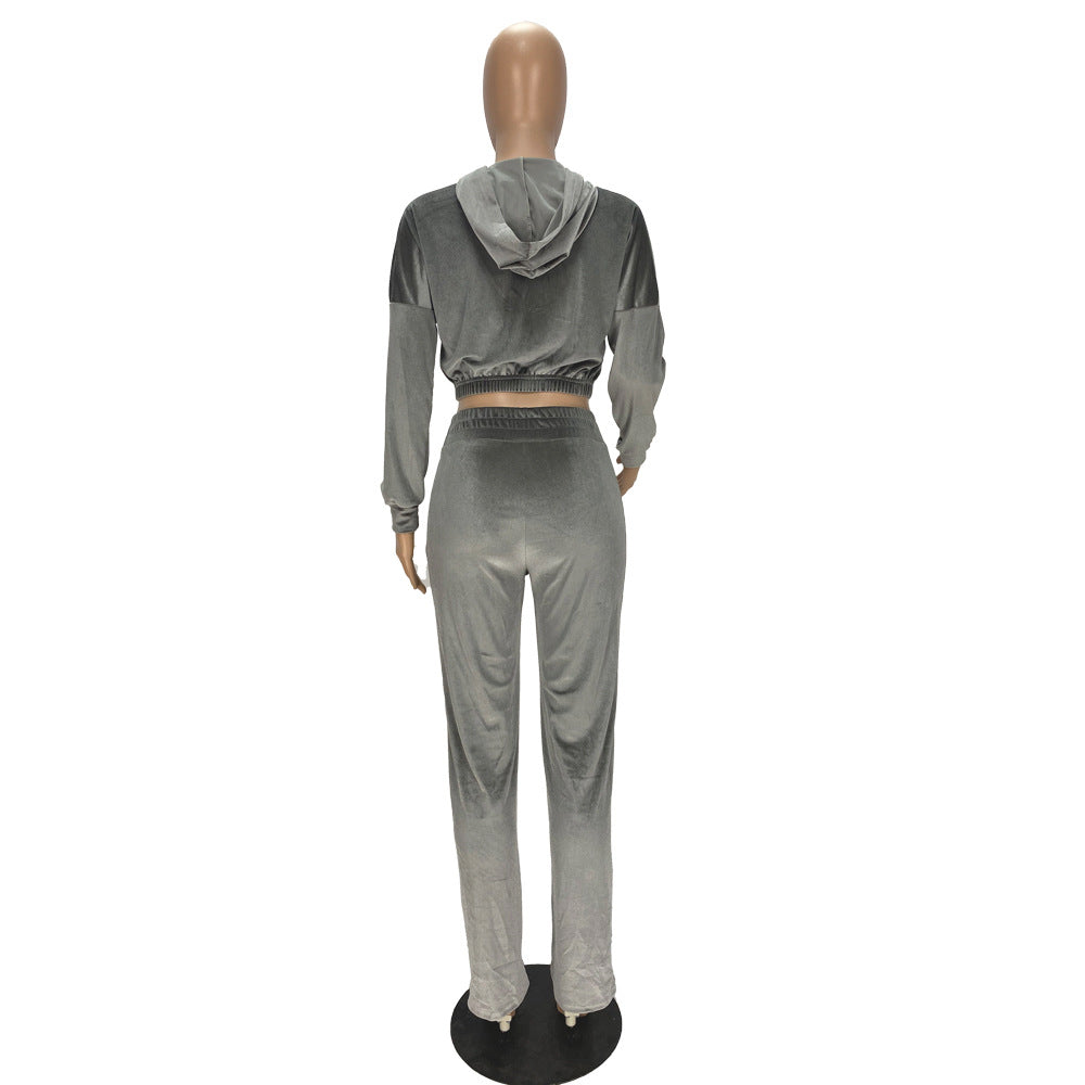 Fashion Women's Winter casual suits Long Sleeve Velvet Zipper Coat and Pants 2-piece sportswear set