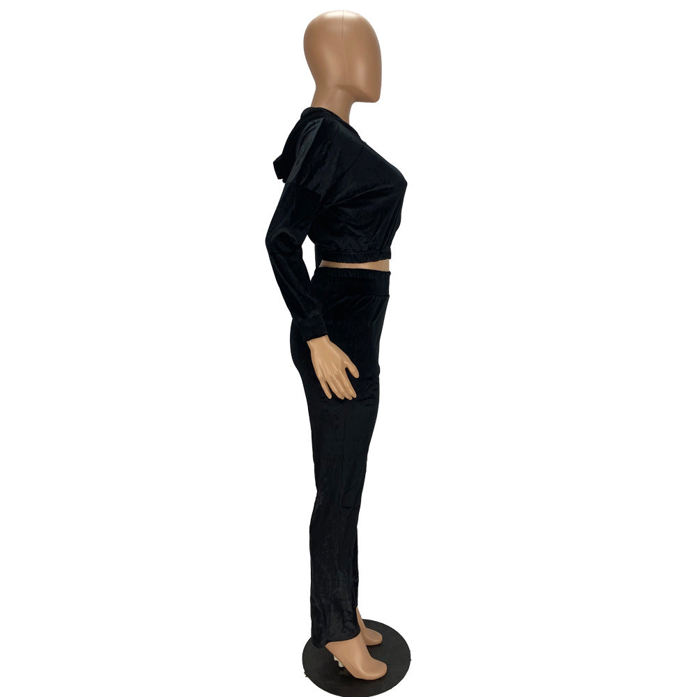 Fashion Women's Winter casual suits Long Sleeve Velvet Zipper Coat and Pants 2-piece sportswear set