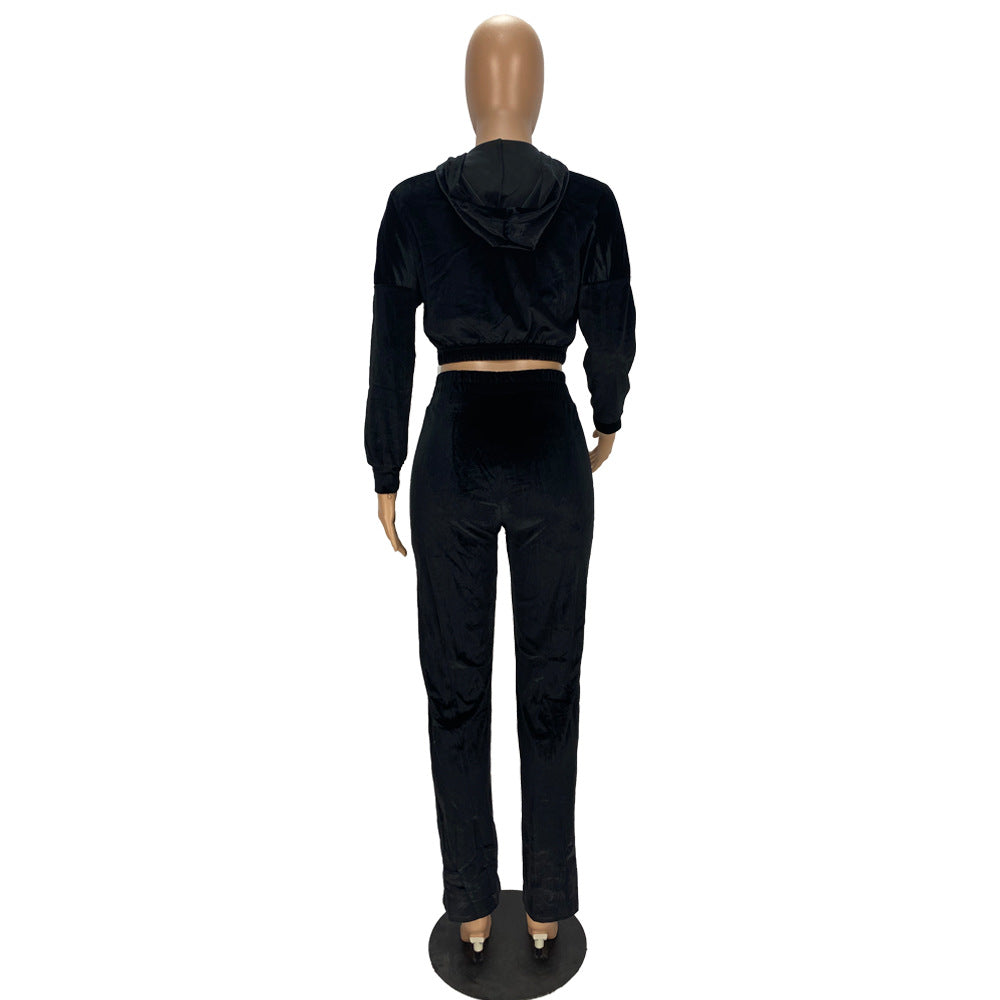 Fashion Women's Winter casual suits Long Sleeve Velvet Zipper Coat and Pants 2-piece sportswear set