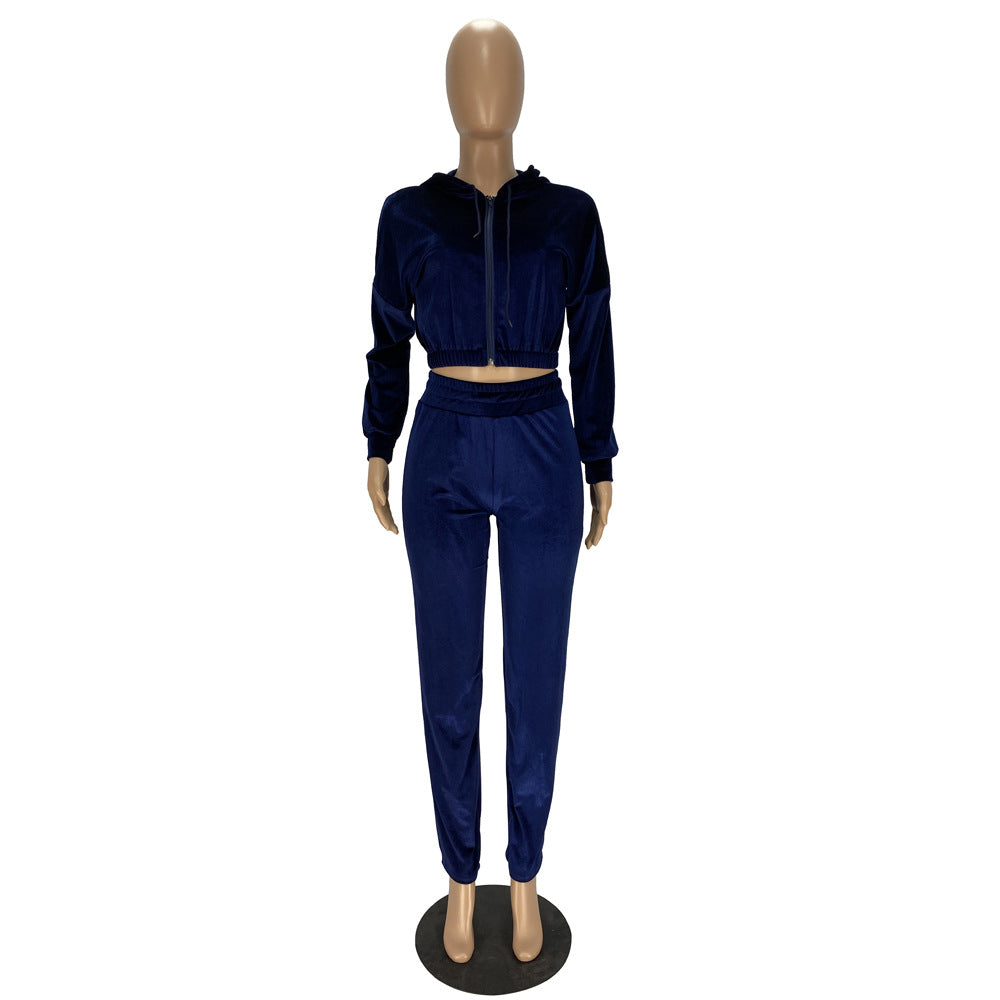 Fashion Women's Winter casual suits Long Sleeve Velvet Zipper Coat and Pants 2-piece sportswear set