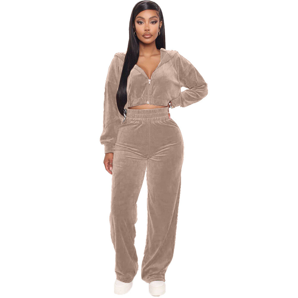 Fashion Women's Winter casual suits Long Sleeve Velvet Zipper Coat and Pants 2-piece sportswear set