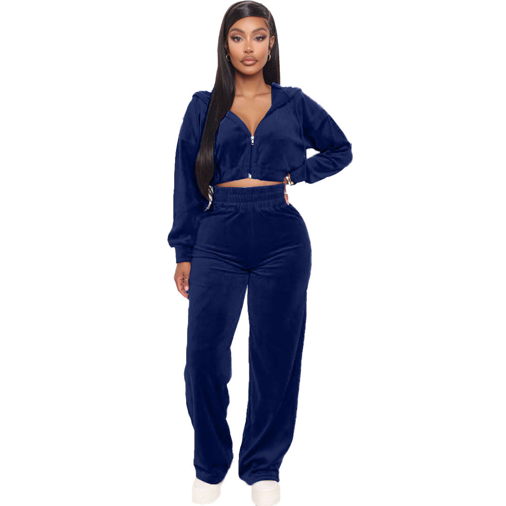 Fashion Women's Winter casual suits Long Sleeve Velvet Zipper Coat and Pants 2-piece sportswear set