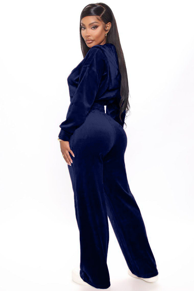 Fashion Women's Winter casual suits Long Sleeve Velvet Zipper Coat and Pants 2-piece sportswear set