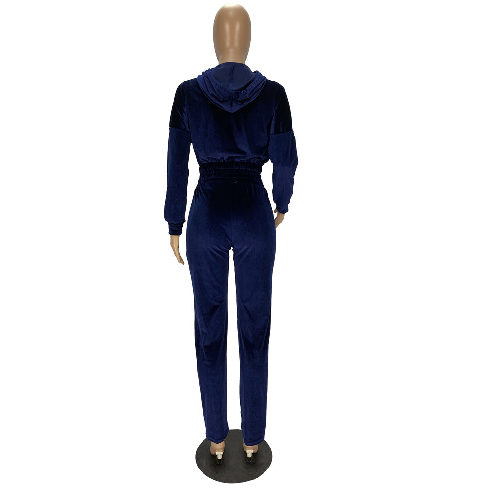 Fashion Women's Winter casual suits Long Sleeve Velvet Zipper Coat and Pants 2-piece sportswear set