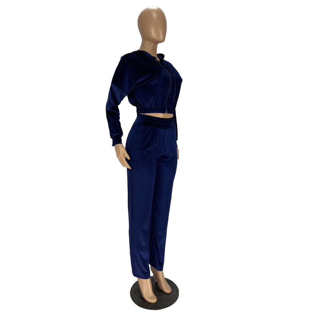 Fashion Women's Winter casual suits Long Sleeve Velvet Zipper Coat and Pants 2-piece sportswear set