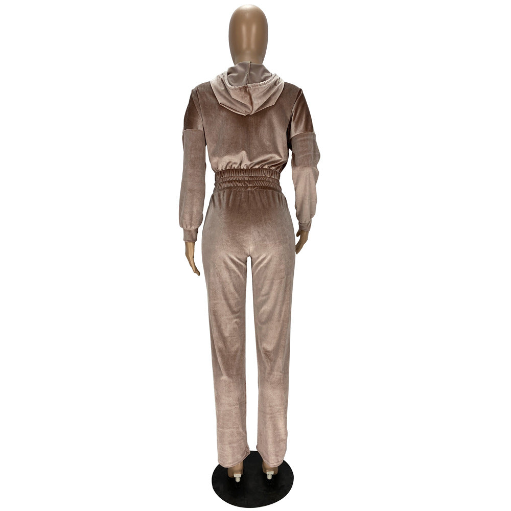 Fashion Women's Winter casual suits Long Sleeve Velvet Zipper Coat and Pants 2-piece sportswear set