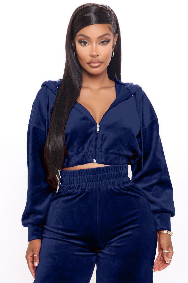Fashion Women's Winter casual suits Long Sleeve Velvet Zipper Coat and Pants 2-piece sportswear set