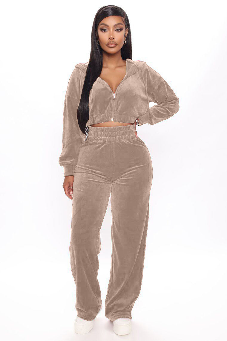 Fashion Women's Winter casual suits Long Sleeve Velvet Zipper Coat and Pants 2-piece sportswear set
