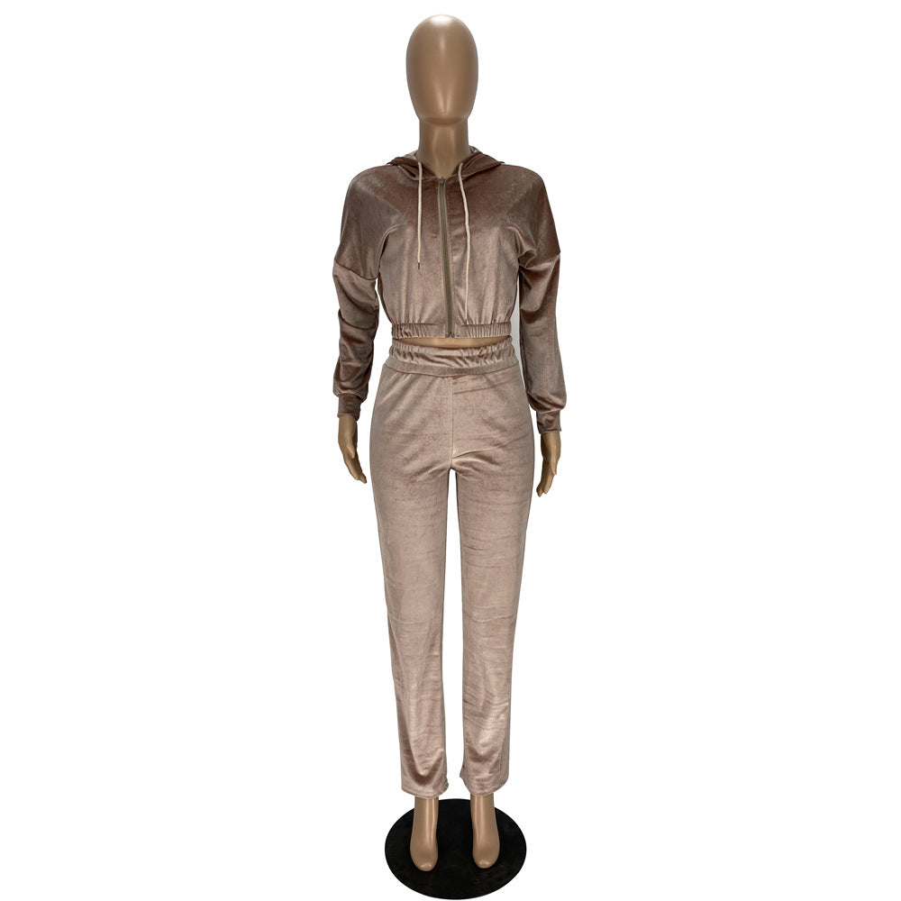 Fashion Women's Winter casual suits Long Sleeve Velvet Zipper Coat and Pants 2-piece sportswear set