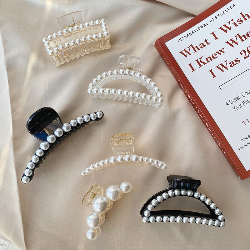 Women Elegant Big Pearls Hair Clip Acrylic Hair Claw Clips Big Size