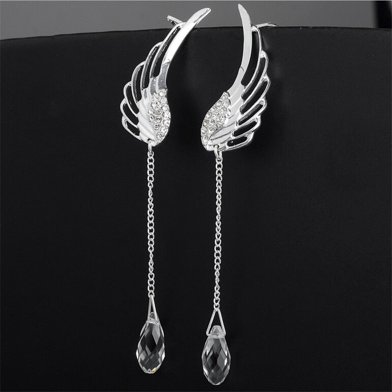 New Silver Plated Angel Wing Stylist Crystal Earrings Drop Dangle Ear Stud For Women