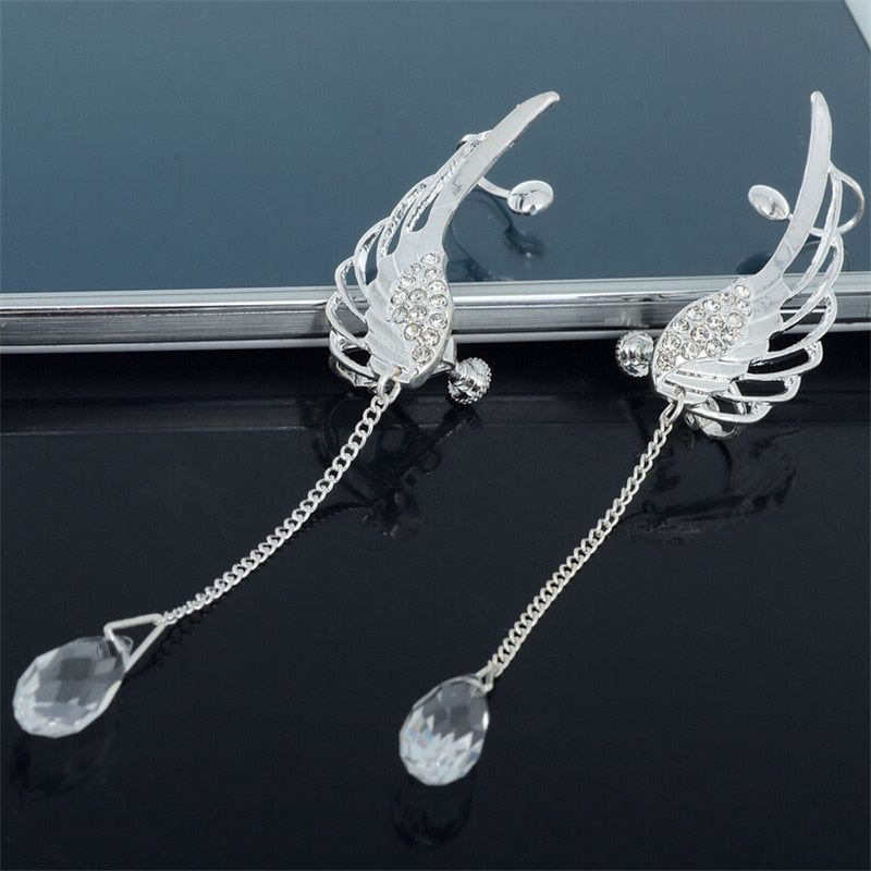 New Silver Plated Angel Wing Stylist Crystal Earrings Drop Dangle Ear Stud For Women