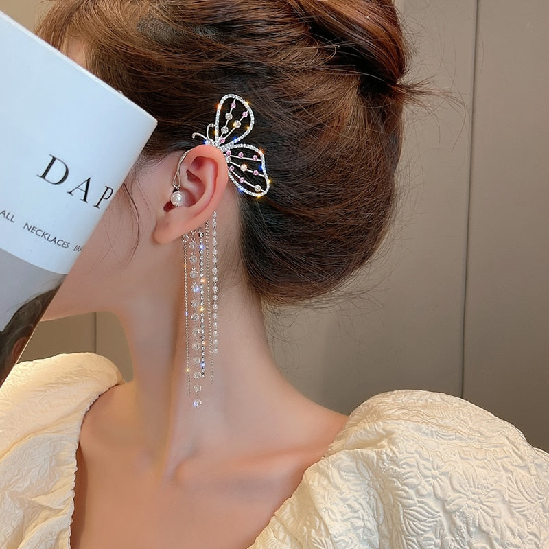 Women Trendy Long Butterfly Clip Earrings Hook Pearl Ear Clips Without Pierced Ears Chain Earrings