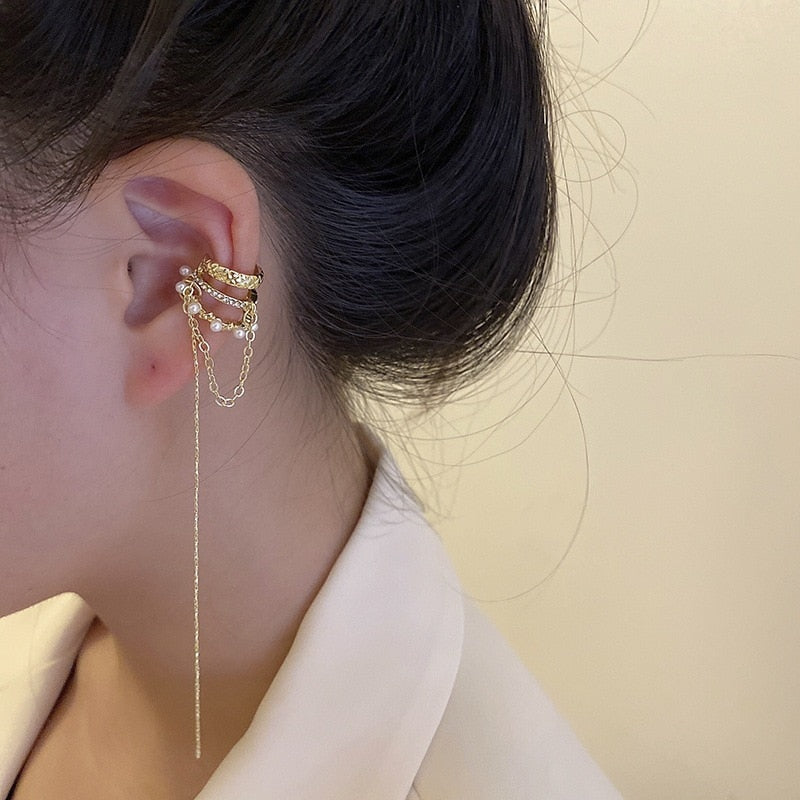 Women Trendy Long Butterfly Clip Earrings Hook Pearl Ear Clips Without Pierced Ears Chain Earrings