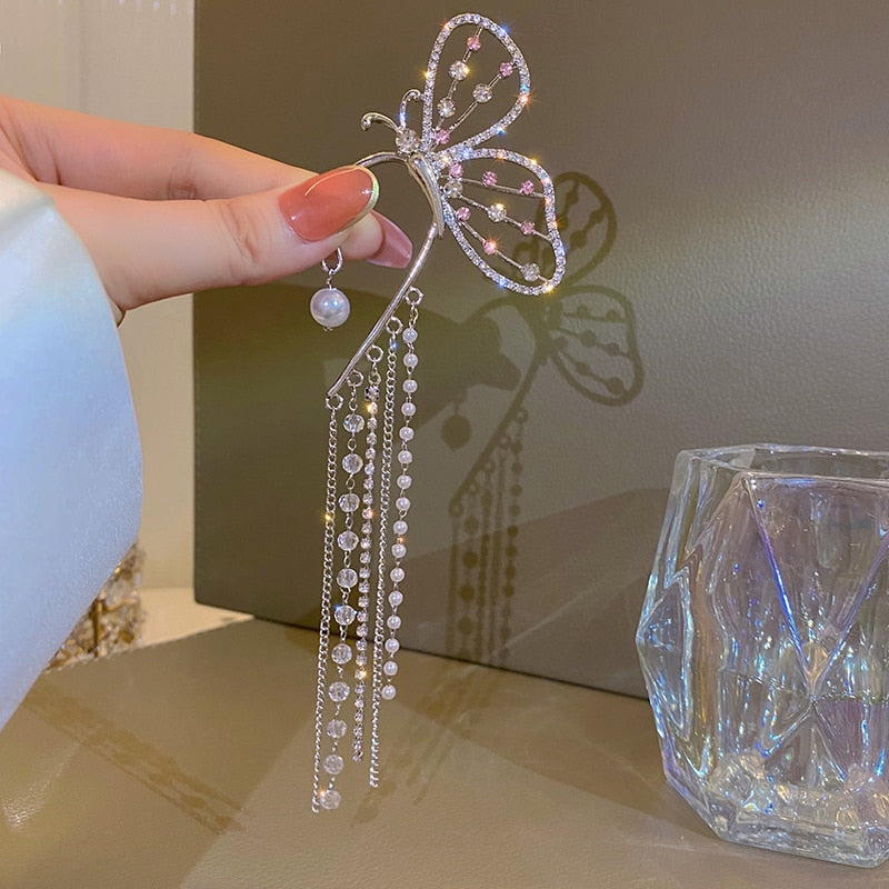 Women Trendy Long Butterfly Clip Earrings Hook Pearl Ear Clips Without Pierced Ears Chain Earrings