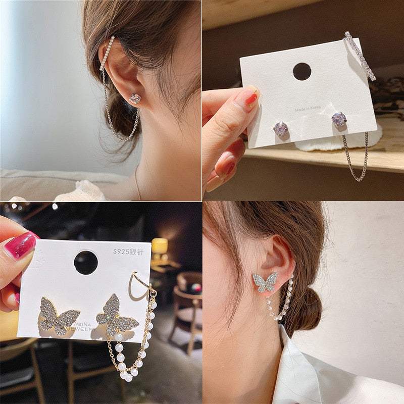 Women Trendy Long Butterfly Clip Earrings Hook Pearl Ear Clips Without Pierced Ears Chain Earrings