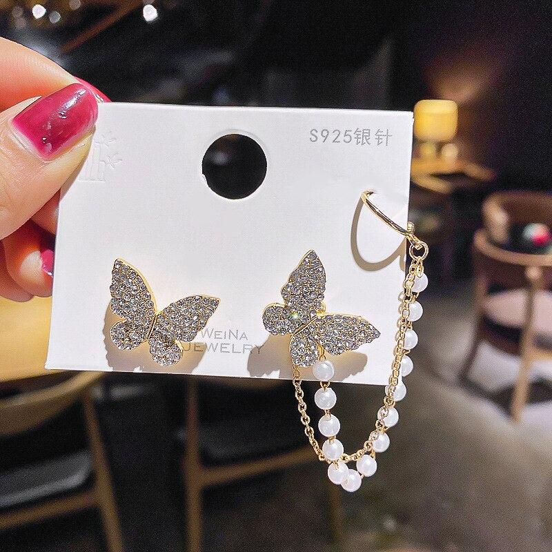 Women Trendy Long Butterfly Clip Earrings Hook Pearl Ear Clips Without Pierced Ears Chain Earrings