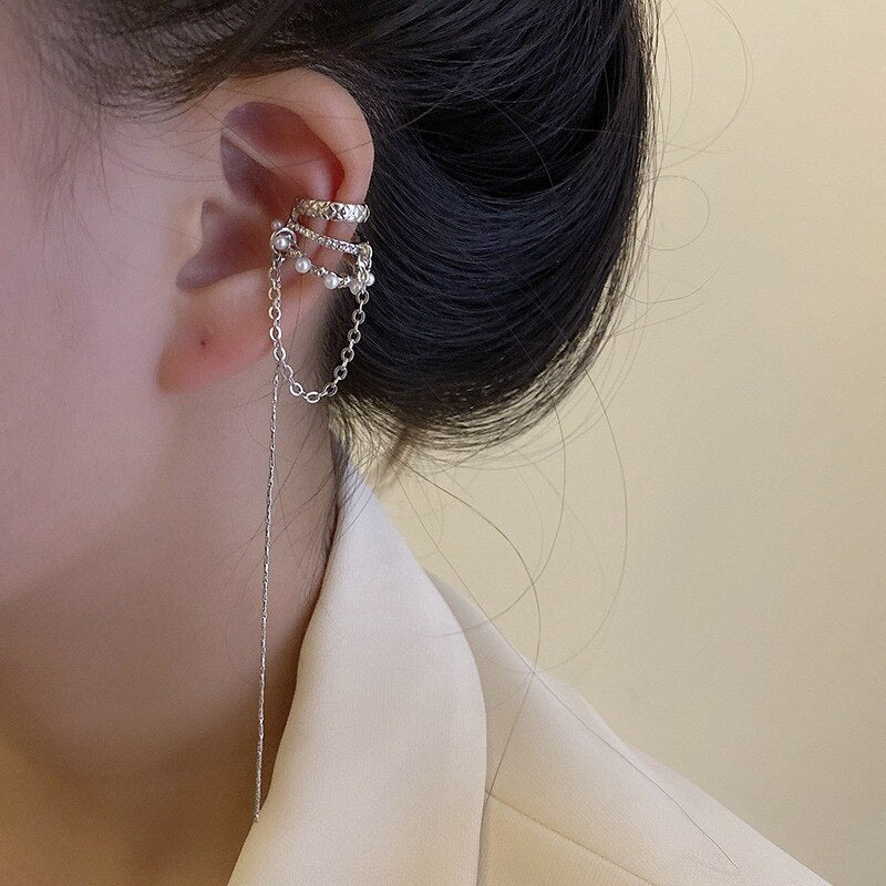 Women Trendy Long Butterfly Clip Earrings Hook Pearl Ear Clips Without Pierced Ears Chain Earrings