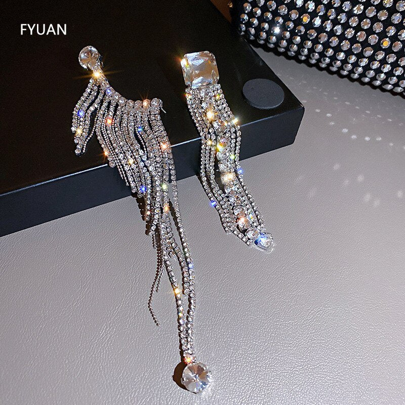 Women Long Tassel Crystal Shine Full Rhinestone Asymmetry Drop Earrings